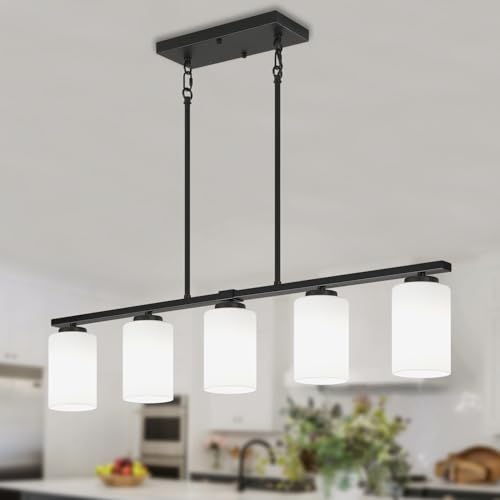 Modern Island Lights for Kitchen Black Chandelier Dining Room Light Fixture (5-Light White Glass)