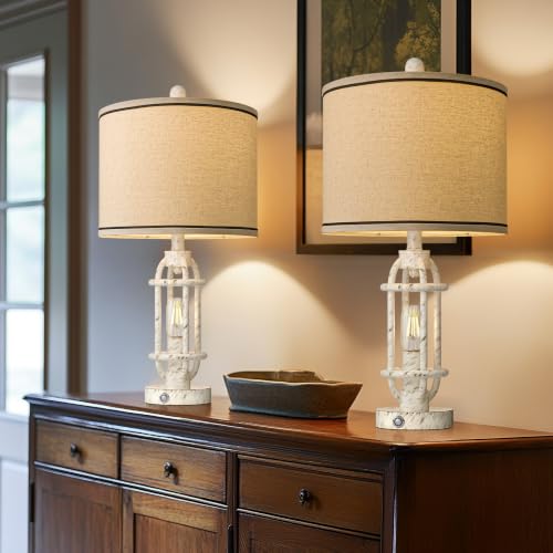 23.75'' Table Lamps Set of 2 for Living Room Bedroom Industrial Farmhouse Metal Touch Lamps with USB A+C Ports (23.75'' White - Set of 2)