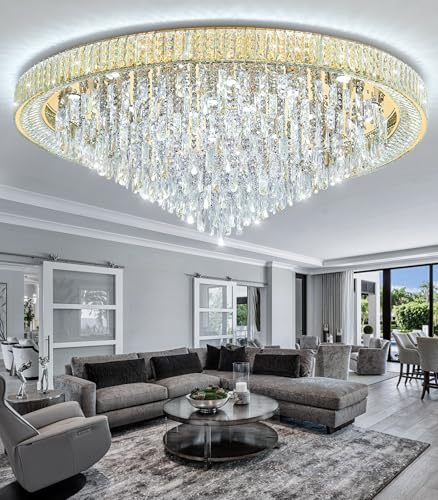 53.7" Modern Crystal Big Large Chandeliers LED Dimmable Flush Mount Ceiling Chandeliers for Living Room High Ceiling Entrance Foyer Lobby Bedroom Gold (Gold / 53.7" Width)