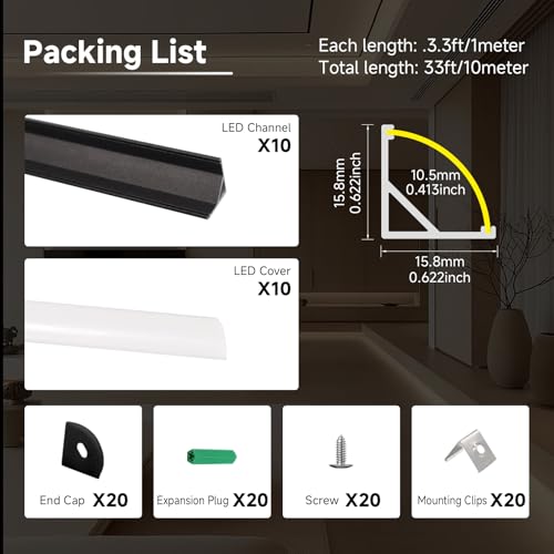 10 Pack Black V Shape LED Channel with Milky White Diffuser Cover 3.3FT Angled Aluminum Extrusion for LED Strip Lights Corner Mounting Track Profile for Under Cabinet Lighting (Black Aluminum + White Cover / 3.3FT/10P/#006)