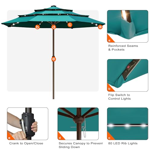 USA 10-Year-Non-Fading 10ft 3-Tier Market Patio Umbrella, Commercial Table Umbrella with 80 Solar LED Lights, Crank Open, Windproof & UPF 50+ UV Protection for Garden, Deck, Pool, Backyard, No Tilt, Teal (Teal / 10FT(Triple Vents No Tilt))