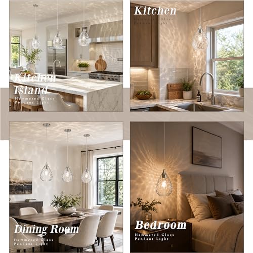 Nickel Glass Pendant Lights Kitchen Island 8" Pendant Light Hammered Clear Glass 3 Pack Height Adjustable Modern Hanging Pendant Lights for Dining Room Bedroom Hallway Sink Bulbs Incl (Nickel, 3 PK / 8 Inch)