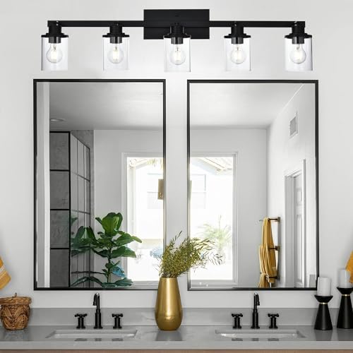 5 Light Adjustable Track Lighting Kit in Matte Black Semi Flush Mount Ceiling Light with 5 Rotatable Light Heads Modern Vanity Lights for Bathroom (Black / 5-Light)