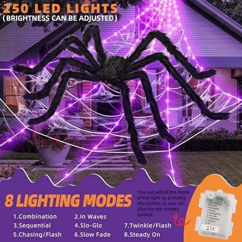 Halloween 200" Spider Web Light Decorations with 59" Giant Spider (Purple)