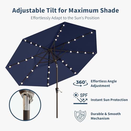 10FT Solar Umbrella 32 LED Lighted Patio Umbrella Table Market Umbrella w (Navy Blue)