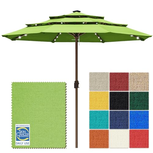USA 10-Year-Non-Fading 10ft 3-Tier Market Patio Umbrella, Commercial Table Umbrella with 80 Solar LED Lights, Crank Open, Windproof & UPF 50+ UV Protection for Garden, Deck, Pool, Backyard, No Tilt, Macaw Green (Macaw Green / 10FT(Triple Vents No Tilt))