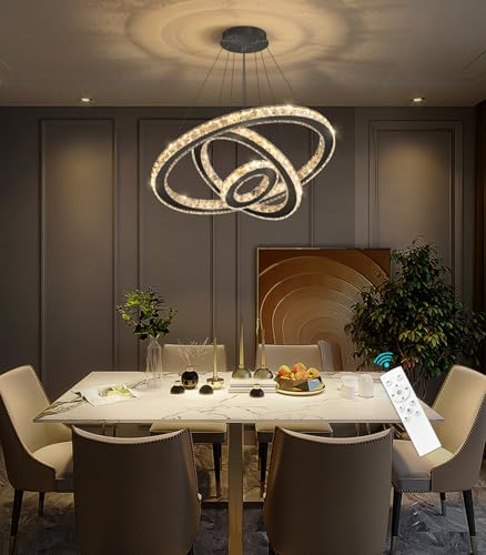Modern Ring Crystal Chandelier Remote Dimmable LED Ceiling Light Fixtures Stainless Steel Pendant Lighting for Living Room Dining Room Bedroom