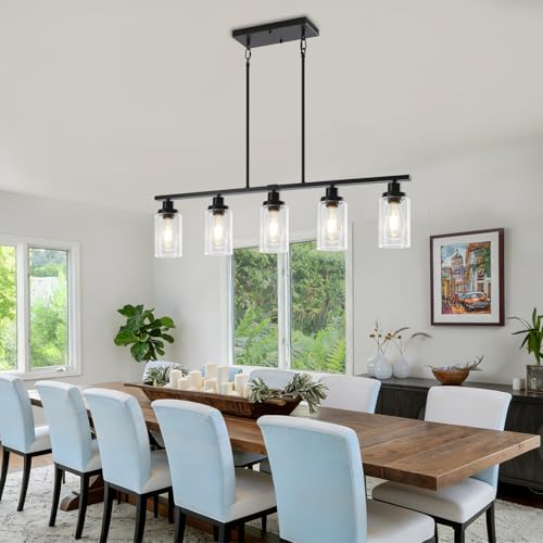 37'' Island Lights for Kitchen Black Linear Chandelier Dining Room Light (5-Light Clear Black)