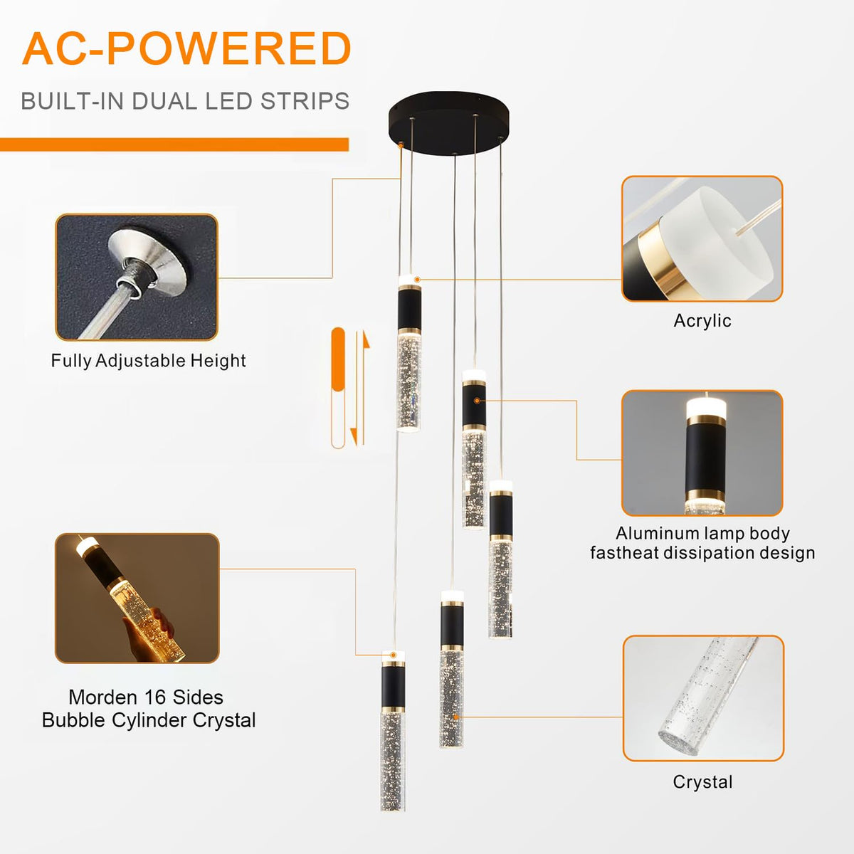 5 Light Modern LED Pendant Light for Kitchen Island Lighting Dimmable Dining Room Chandelier Light Fixture Bubble Crystal Ceiling Hanging Lights 3000K (Black / 5-Light)