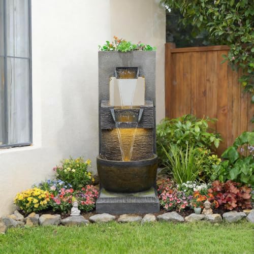 39H 3 Tier Modern Cascading Outdoor Water Fountain with Planter & LED Light (39H)