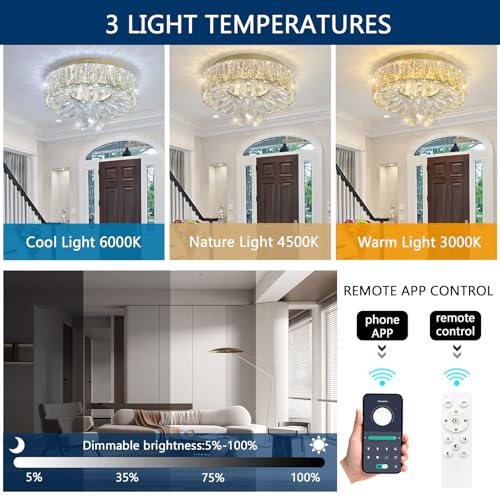 Mini Chandelier Modern Crystal Chandeliers for Hallway LED Flush Mount Ceiling Light Dimmable Light Fixture for Dining Room Living Room Bedroom (Gold / 11.8" Width)