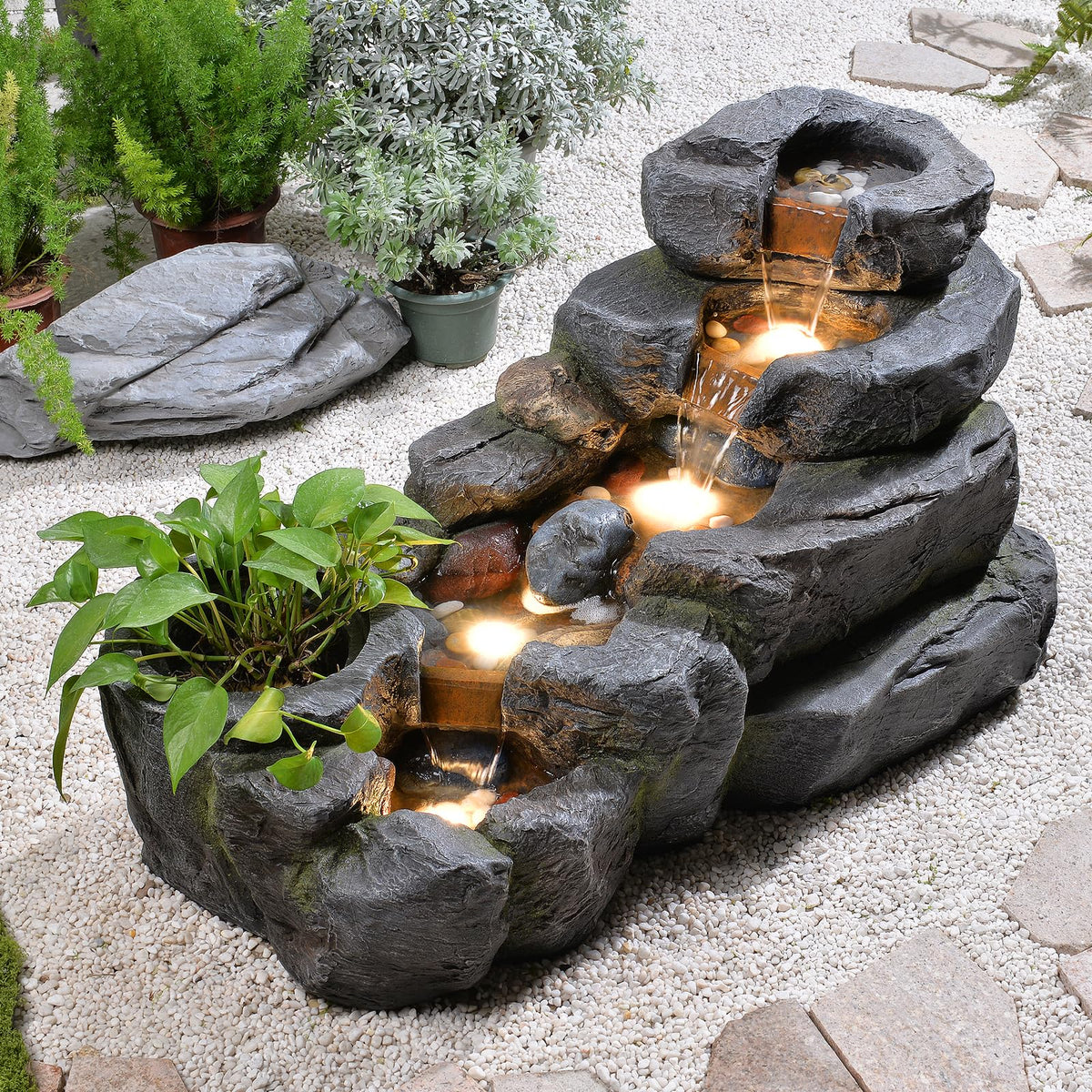 38.2" L Garden Water Fountain Outdoor Waterfall with LED Light (38.2’’L / Gray)