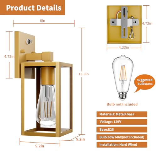 2 Pack Gold Dusk to Dawn Outdoor Front Porch Light Fixtures Wall Mount (Gold / Small-10.24'')