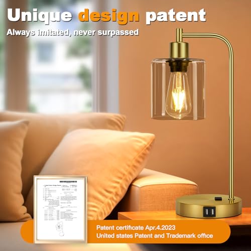 Set of 2 Industrial Touch Control Table Lamps with 2 USB Ports and AC Outlet (Gold(2 pack) - Amber Glass - Touch Control)