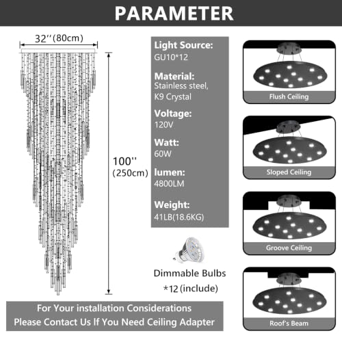 D32'' x H100'' Modern Crystal Chandelier High Ceiling Chandeliers for Entryway Glam Chandelier Large Raindrop Chandeliers LED Dimmable Light Fixtures for Staircaes Foyer Hallway Living Room Black (D32" x H100" Black)