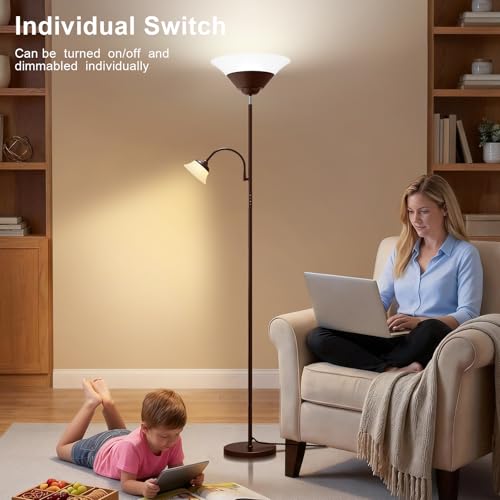 2-in-1 Torchiere Floor Lamp, 34W Super Bright LED Standing Lamp with Remote & Touch Control, 72" Dimmable Adjustable Corner Reading Lamp for Living Room, Bedroom, Office, Brown (Brown)