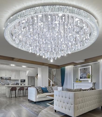 53.7" Modern Chandeliers LED Dimmable Crystal Flush Mount Ceiling Chandeliers for Living Room High Ceiling Entrance Foyer Lobby Bedroom Silver (Silver / 53.7" Width)