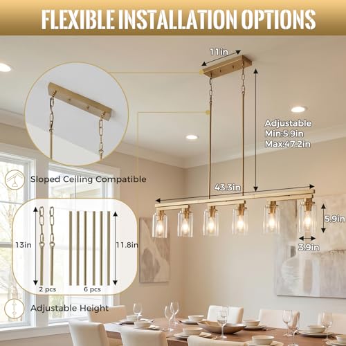6 Light Brushed Gold Linear Chandelier (Gold+Clear Glass / 6 Light)