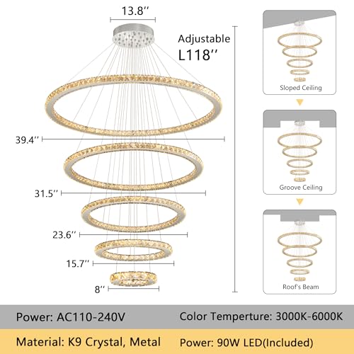 Modern 5 Rings Crystal Chandelier High Ceiling Dimmable LED Chandeliers Remote Lighting Fixtures for Living Room Dining Room Bedroom Silver (Silver / 5-Ring 40")