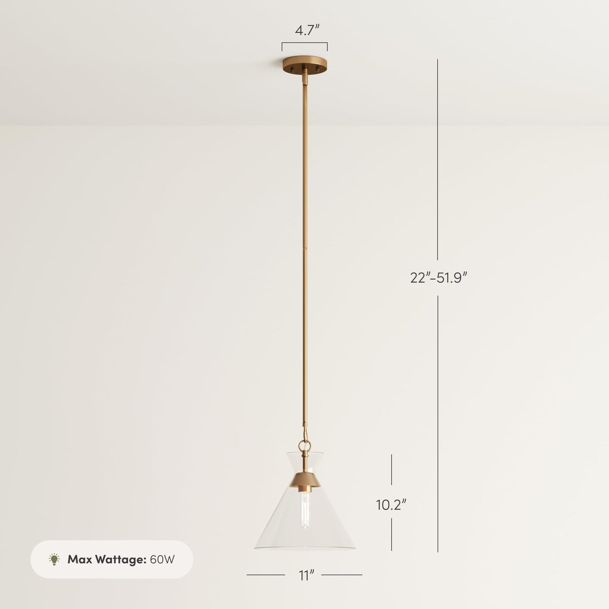 Brighton Vintage Brass Pendant Light with Adjustable Clear Cone Glass Shade for Kitchen Island (Vintaged Brass/Clear Glass / Set of 1)