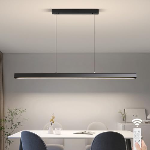 Minimalist Linear Pendant Light Dimmable LED Modern Chandelier Dining Room Island Light Restaurant Cafe Bar Office Hanging Lamp (Black / 57 Inch)