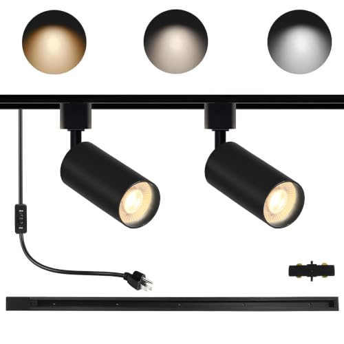 Plug in LED Track Lighting Kit H Type 3CCT 2PCS 10W Black (Black 3CCT / 2‑Light 1.4FT Track Kit)