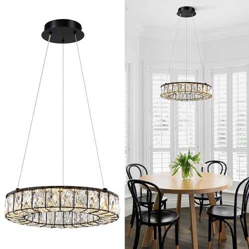 Crystal Chandeliers Modern Black LED Chandelier Adjustable LED Ceiling Light Fixtures Black Hanging Pendant Lights for Living Room Dining Room (14" Chandelier BK)