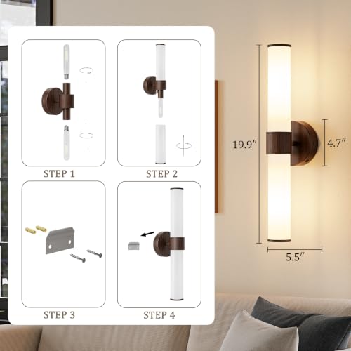 8000mAh Walnut Battery Operated Wall Sconces Set of 2 (Walnut（White Glass）)