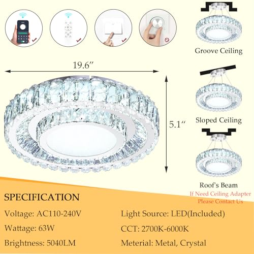 19.6" Dimmable Crystal Chandelier Modern LED Flush Mount Ceiling Light Fixtures for Living Room Bedroom Hallway Kitchen Island Staircase Silver (19.6" Silver)
