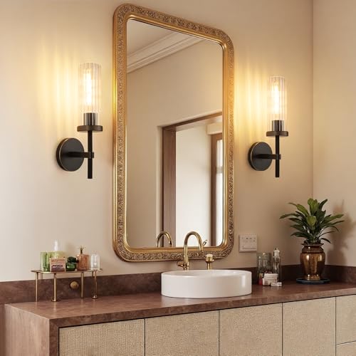 15" Knurled‑Craft Hardwired Black Gold Wall Sconce (Black-Vertical Striped / 15″-2 Pack)
