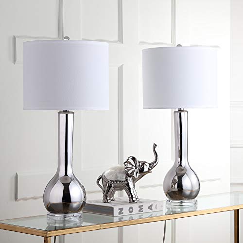 Lighting Collection Mae Long Neck Ceramic Silver and White Table Lamp (Silver - Set of 2)