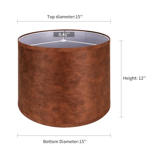 Large Lampshades Set of 2 Drum Lamp Shades 15" Top X 15" Bottom X 12" High (Imitation Brown Cowhide)