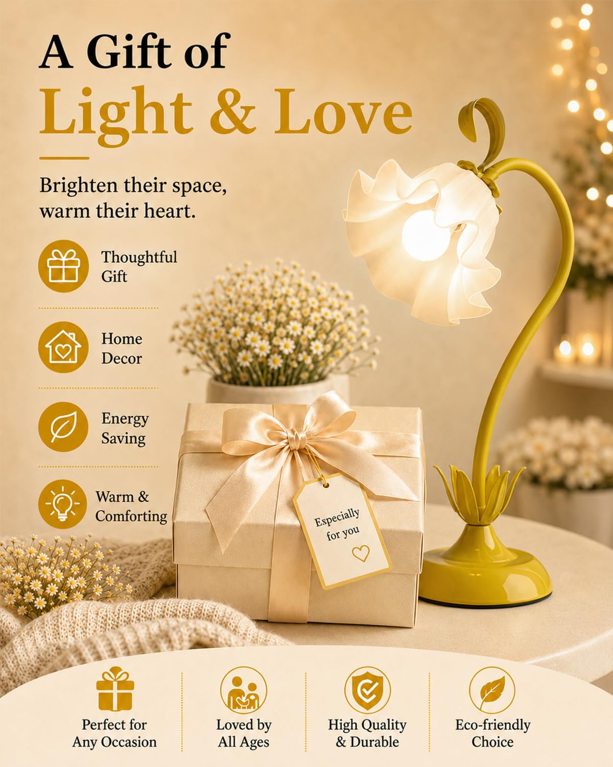 Flower Table Lamp Cute Desk Lamp for Bedroom Home Decor (Yellow / Medium)