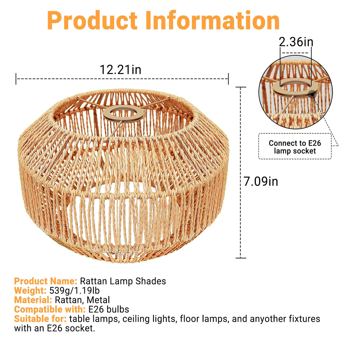Hanging Light Rattan Lamp Shades Boho Lamp Shades (11.8 Inch-Pumpkin Shade)