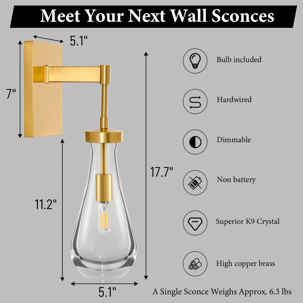 Raindrop Brass Crystal Wall Sconce (Elegant Gold / 2 Pack)