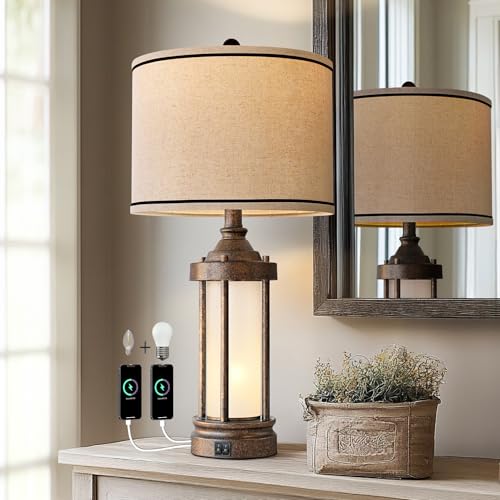 25'' Table Lamp for Living Room Bedroom Farmhouse Metal Lamps with 2 USB Ports (Bronze)