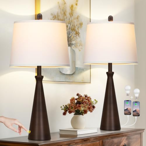 28" Modern Metal Table Lamp Set of 2 for Living Room Bedroom (D Brown)