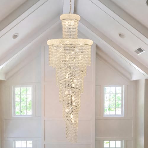 28 Light Large Long Spiral Crystal Chandelier for High Ceiling Foyer Entryway Living Room Staircase Chrome Finish 78'' H X 28'' W X 28'' D (Chrome / 78'' H X 28'' W X 28'' D)