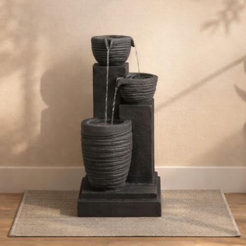 Horizontal Ribbed Pattern Outdoor Water Fountain (Warm Gray)