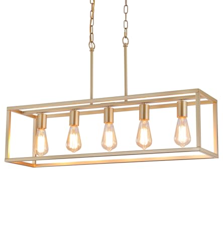 Gold Rectangle Kitchen Island Lights Rectangular Modern Industrial Chandelier for Dining Room 5 Lights Linear Vintage Cage Light Fixtures UL Listed (Gold)