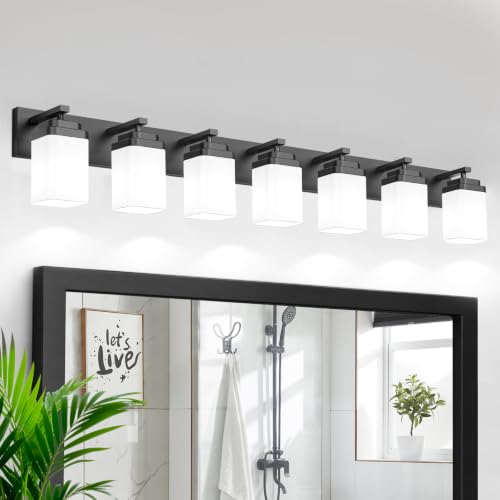 Matte Black Bathroom Light Fixtures (Black, Milky Shade / 7-Light, 52-inch)