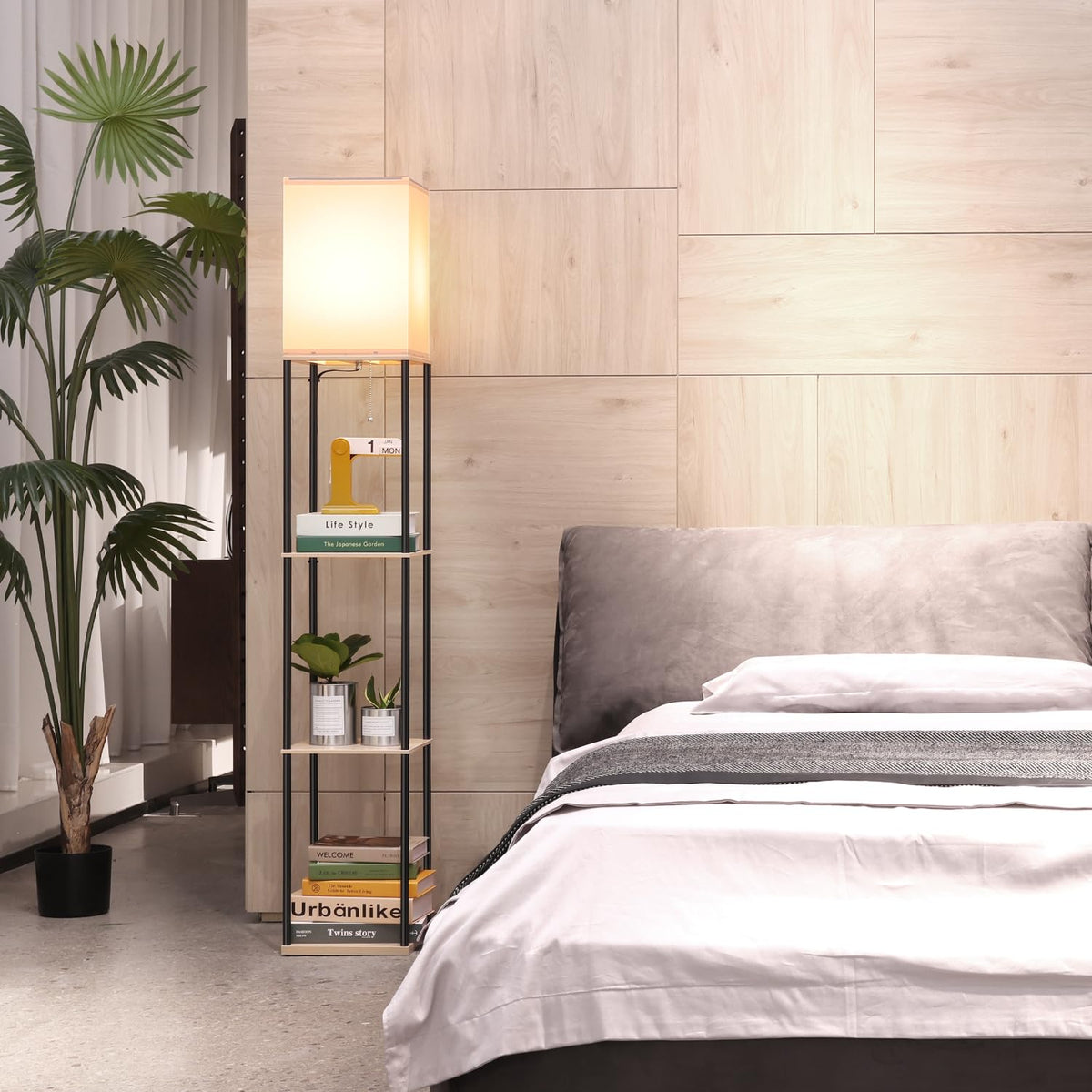 Floor Lamp with Shelves (Beige+Black-1 Pack)