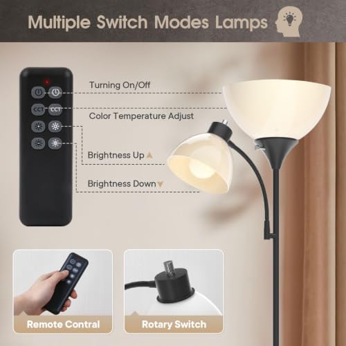 Torchiere Floor Lamp with Remote Control and Adjustable Reading Light (Matte Black)