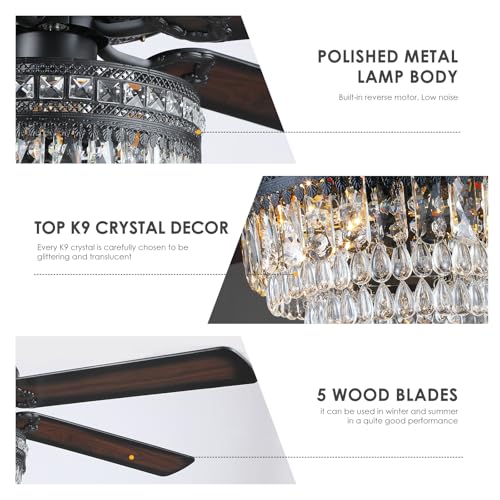 62" Black Crystal Chandelier Ceiling Fans with Lights and Remote Control (Black-62IN)