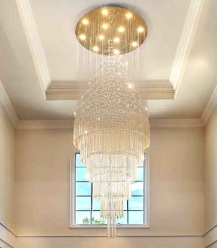 W32 x H100 Glam Chandelier with LED Bulbs Crystal Raindrop High Ceiling Pendant Light for Entrance Large Villa Chandelier Foyer Lighting Fixtures Gold (Gold / Round W32" X H100")