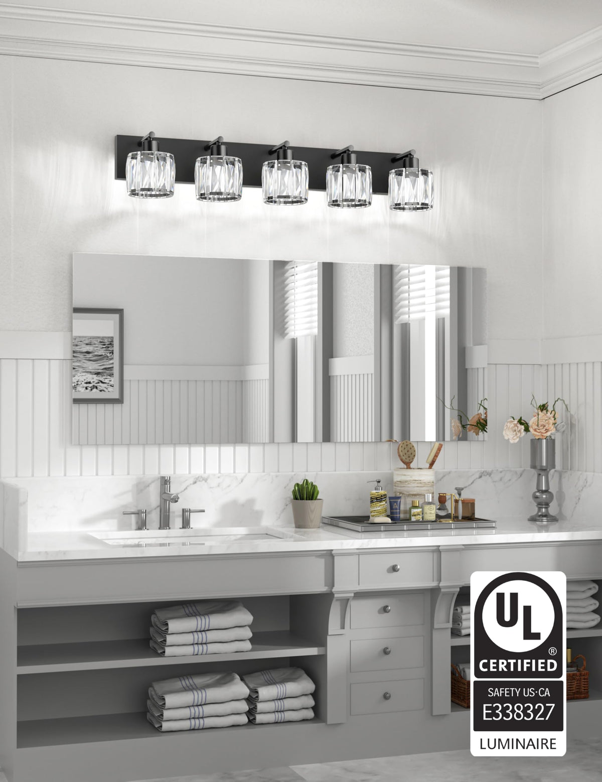 5 Light Crystal Bathroom Vanity Light Fixtures (Black-Round / 5 Light)