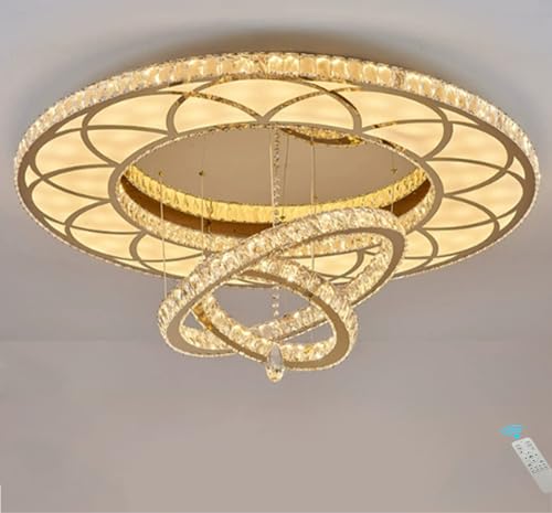 Dia 32" Modern Crystal Chandeliers Dimmable Round Chandelier 3 Rings Flush Mount Crystal Ceiling Light for Living Room Dining Room Bedroom Gold (Gold / W:32inches)