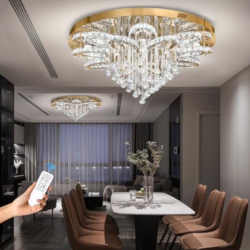 W40 Modern Crystal Chandelier for Living Room Crystal Flush Mount LED Gold Ceiling Light Fixture for Foyer Dining Room Hallway Dimmable 2700k 4500k 6000k (Gold / W:40inches)