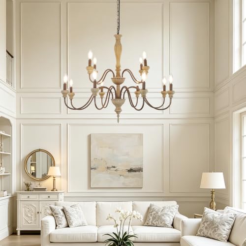 12 Light Large Farmhouse French Country Chandelier for Dining Room (Distressed Wood)