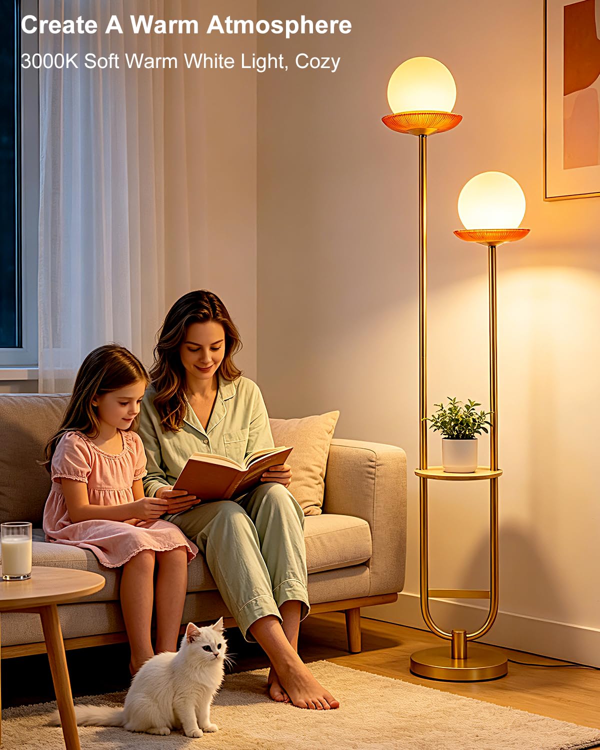 2 Globe Floor Lamp with Red Glass Tray Gold Dimmable Tall Lamp (Red-2U Gold)